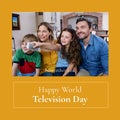 Composition of happy world television day text with caucasian family watching tv