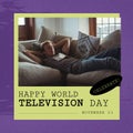 Composition of happy world television day text with caucasian man sleeping on sofa
