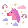 Composition head unicorn on white background. Cartoon cute character unicorn, rainbow, sun, star, cloud in doodle Royalty Free Stock Photo