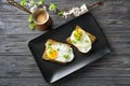 Composition with healthy toasts on wooden table