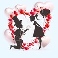 Composition of hearts and a dark silhouette of a guy in a hat and a girl with balls Royalty Free Stock Photo