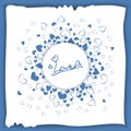 Composition of hearts, seal of love, fireworks of hearts. Declaration of love, created on paper, written with a blue pen. Vector