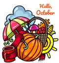 Composition Hello October, vector hand-drawn autumn set