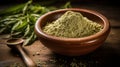 Composition with hemp protein powder and seeds on wooden table , closeup