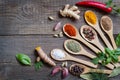 Composition of herbs and spices in wooden spoons on old boards background Royalty Free Stock Photo