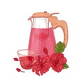 Composition with hibiscus tea in glass jug, cup, roselle flowers and leaves isolated on white background. Delicious