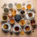 The composition highlights a variety of tea types and ingredients Royalty Free Stock Photo