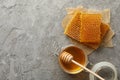 Composition honeycombs, honey and dipper on gray background Royalty Free Stock Photo