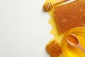 Composition with honeycombs honey and dipper on white background Royalty Free Stock Photo