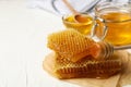 Composition honeycombs and honey on background