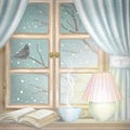 Watercolor and lead pencil graphic composition with tea, glowing lamp and book on the window with night winter landscape Royalty Free Stock Photo