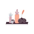 Composition of house plants in pots. Flowers in vases on the shelf - home decor. Vector illustration isolated on a white Royalty Free Stock Photo