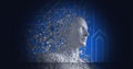 Composition of human bust formed with grey particles exploding on blue background