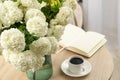 Composition hydrangea flowers indoor. Spring plant