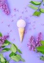 Composition of ice cream cone with bath ball on a violet background Royalty Free Stock Photo