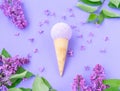 Composition of ice cream cone with bath ball on a violet background Royalty Free Stock Photo