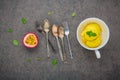 Composition of ice cream passion fruit flavor in vintage bowl se Royalty Free Stock Photo