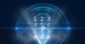 Composition of interface with telephone numeric keypad with holographic curved lights on black Royalty Free Stock Photo