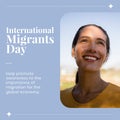 Composition of international migrants day text over caucasian woman