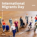 Composition of international migrants day text over people figurines on wooden floor