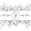 Composition for invitation or greeting card of blossoming tulip flowers. Hand drawn monochrome sketch on white background. Royalty Free Stock Photo