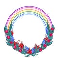 Wreath of Flowers and Rainbows Colorful watercolor drawing on white background