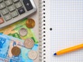 Composition of items for counting income and expenses. Notepad, calculator, pen and Russian money Royalty Free Stock Photo