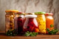 Composition with jars of pickled vegetables.