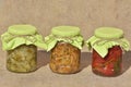 Composition with jars of pickled vegetables. Marinated food Royalty Free Stock Photo