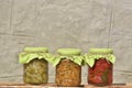 Composition with jars of pickled vegetables. Marinated food Royalty Free Stock Photo