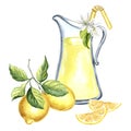 Composition of jug with lemonade, lemons with slices and flowers Watercolor hand drawn illustration isolated on a white