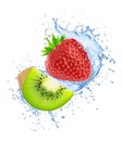 Composition with kiwi and strawberry in water splashes isolated on white background. Royalty Free Stock Photo