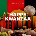 Composition of kwanzaa celebration text and kwanzaa candles and pumpkins Royalty Free Stock Photo