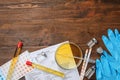 Composition with laboratory equipment and urine samples on wooden background. Urology concept Royalty Free Stock Photo