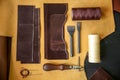 Composition with leather and craft tools on table Royalty Free Stock Photo
