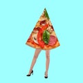 Composition with lender female legs and slice of pizza isolated on blue neon background. Contemporary art collage Royalty Free Stock Photo