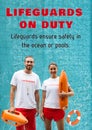 Composition of lifeguards on duty text over caucasian lifeguards