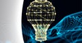 Composition of light bulb formed with network of connection on blue trails on white and black Royalty Free Stock Photo