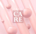 Composition with light 3d pink pearl moleculas with cream lines with text face care Royalty Free Stock Photo