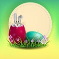 Composition of a light green shade with a round frame and Easter eggs and a rabbit, Royalty Free Stock Photo