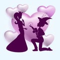 Composition of light hearts and a dark silhouette of a guy in a hat and a girl in a crown Royalty Free Stock Photo