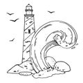 Composition with lighthouse, wave and stones. Hand drawn outline vector illustration. Black on white background Royalty Free Stock Photo