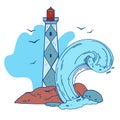 Composition with lighthouse, wave and stones. Hand drawn vector sketch illustration Royalty Free Stock Photo