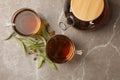 Composition with linden tea on gray background top view. Natural tea Royalty Free Stock Photo