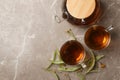 Composition with linden tea on background, top view. Natural tea Royalty Free Stock Photo
