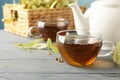 Composition with linden tea on background, close up. Natural tea Royalty Free Stock Photo