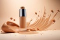 A composition of liquid foundation bottles on a beige background, perfecting facial skin tone