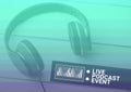 Composition of live podcast event text with headphones and eq meter on green and purple