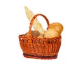 Composition With Loafs Of Bread In Wicker Basket Isolated On White Background