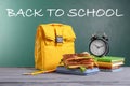 Composition with lunch box and food on table near blackboard Royalty Free Stock Photo